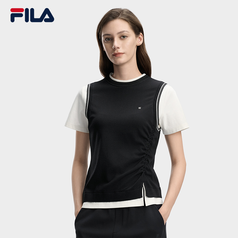 FILA CORE Women WHITE Knitted Short Sleeve Top NAVY