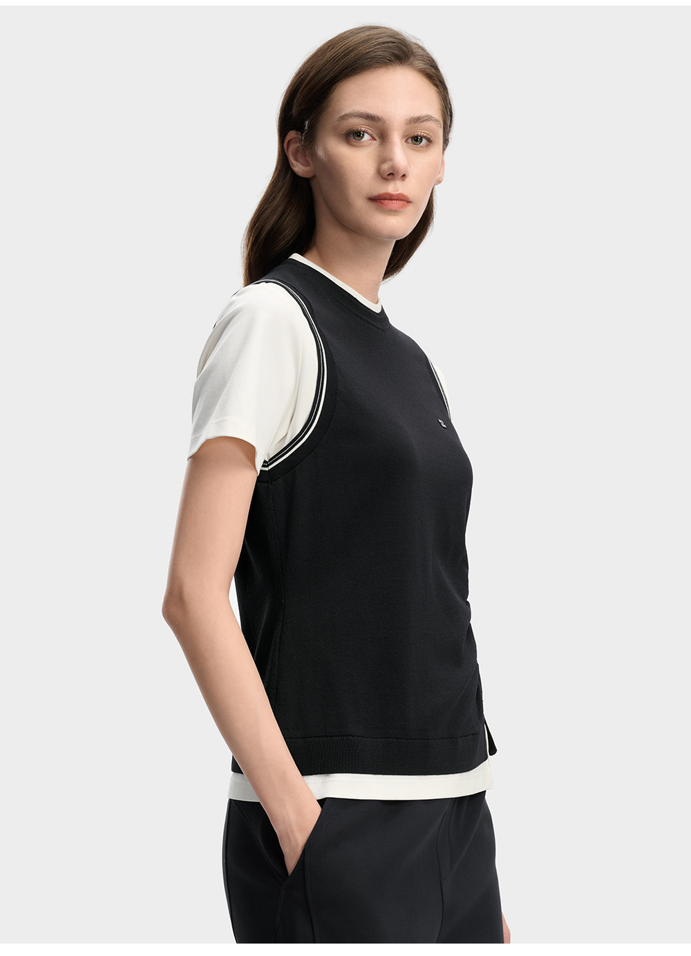 FILA CORE Women WHITE Knitted Short Sleeve Top NAVY
