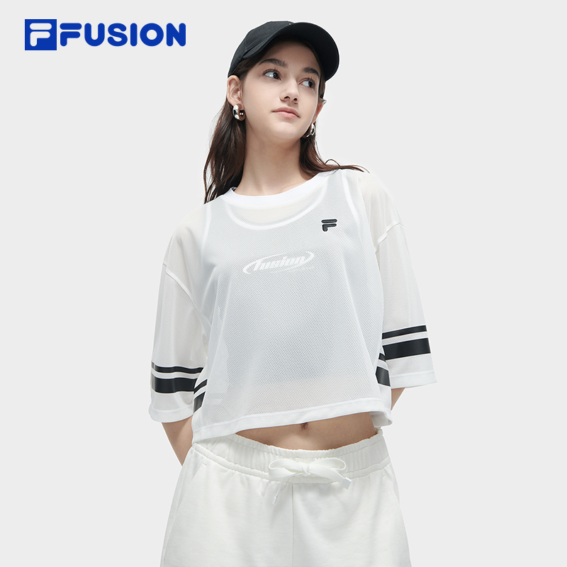 FILA FUSION BASKETBALL INLINE UNIFORM Women's Cropped Short Sleeve T-shirt (White) and Sports Bra (Black) (2-piece Set)