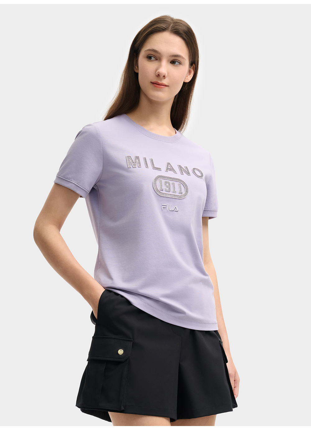 FILA CORE LIFESTYLE MILANO LUXURY CAFFE / FLAT WHITE Women Short Sleeves T-Shirt (Light Khaki / Purple)