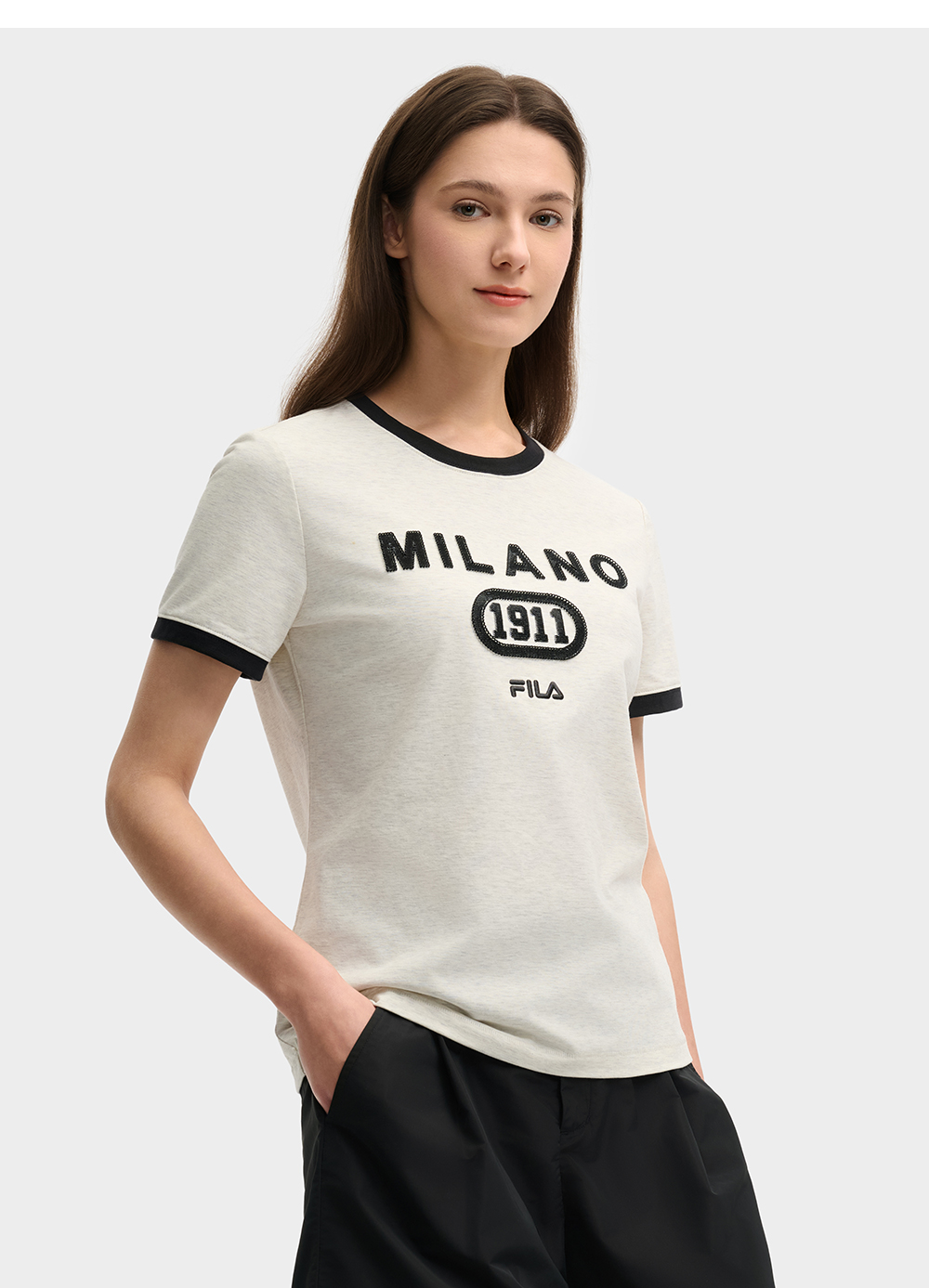 FILA CORE LIFESTYLE MILANO LUXURY CAFFE / FLAT WHITE Women Short Sleeves T-Shirt (Light Khaki / Purple)