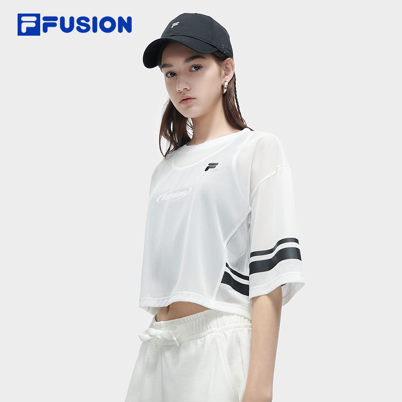 FILA FUSION BASKETBALL INLINE UNIFORM Women's Cropped Short Sleeve T-shirt (White) and Sports Bra (Black) (2-piece Set)
