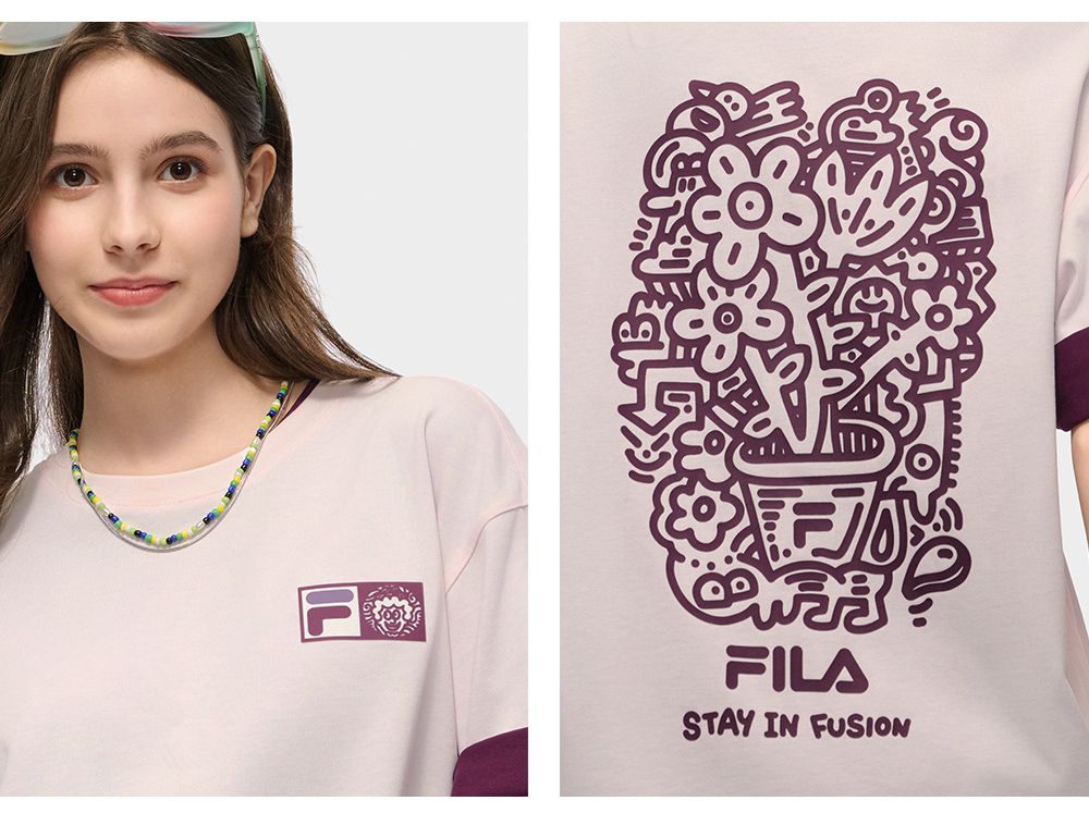 FILA FUSION  FUSION X MR DOODLE Unisex Short Sleeve T-shirt (Pink / Purple / White / Yellow)