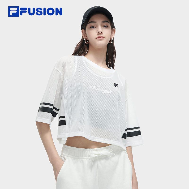 FILA FUSION BASKETBALL INLINE UNIFORM Women's Cropped Short Sleeve T-shirt (White) and Sports Bra (Black) (2-piece Set)