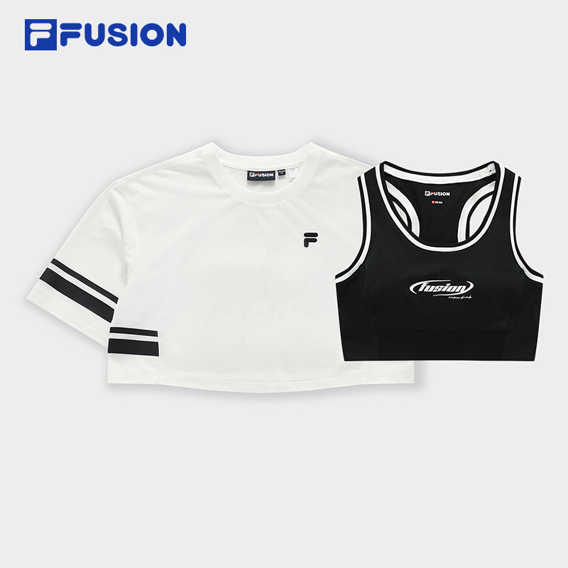 FILA FUSION BASKETBALL INLINE UNIFORM Women's Cropped Short Sleeve T-shirt (White) and Sports Bra (Black) (2-piece Set)