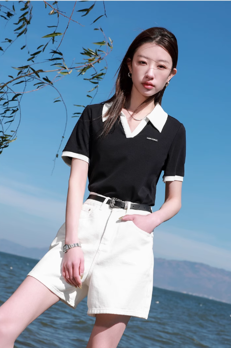 プラスサイズの婦人服2025年春の新色のコントラストポロカラーTシャツ半袖プルオーバースリミングトップファットMM