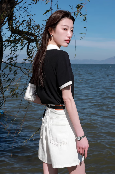 プラスサイズの婦人服2025年春の新色のコントラストポロカラーTシャツ半袖プルオーバースリミングトップファットMM