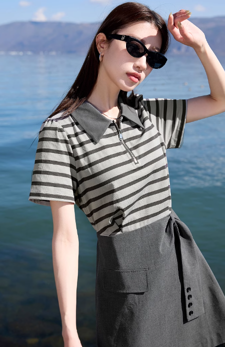 プラスサイズの女性の服2025年夏の新しいフェイクツーピースラペルドレス半袖カレッジスタイルストライプファットMM