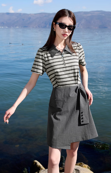 プラスサイズの女性の服2025年夏の新しいフェイクツーピースラペルドレス半袖カレッジスタイルストライプファットMM