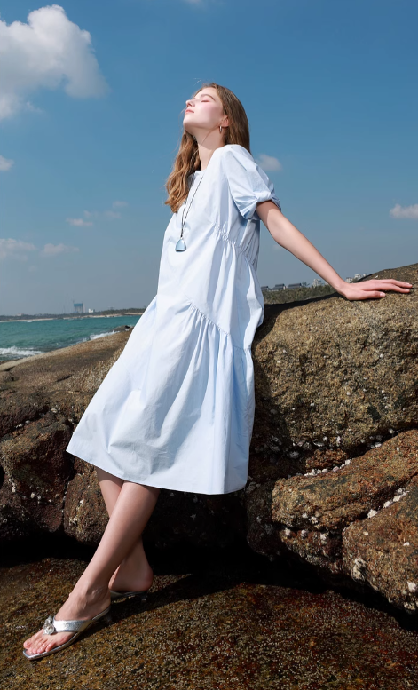 【100%コットンワンピース】3色展開 2025年夏新作 ゆったり Aラインスカート プリーツ ミディアム丈スカート シンプル レディース M