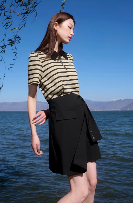 プラスサイズの女性の服2025年夏の新しいフェイクツーピースラペルドレス半袖カレッジスタイルストライプファットMM
