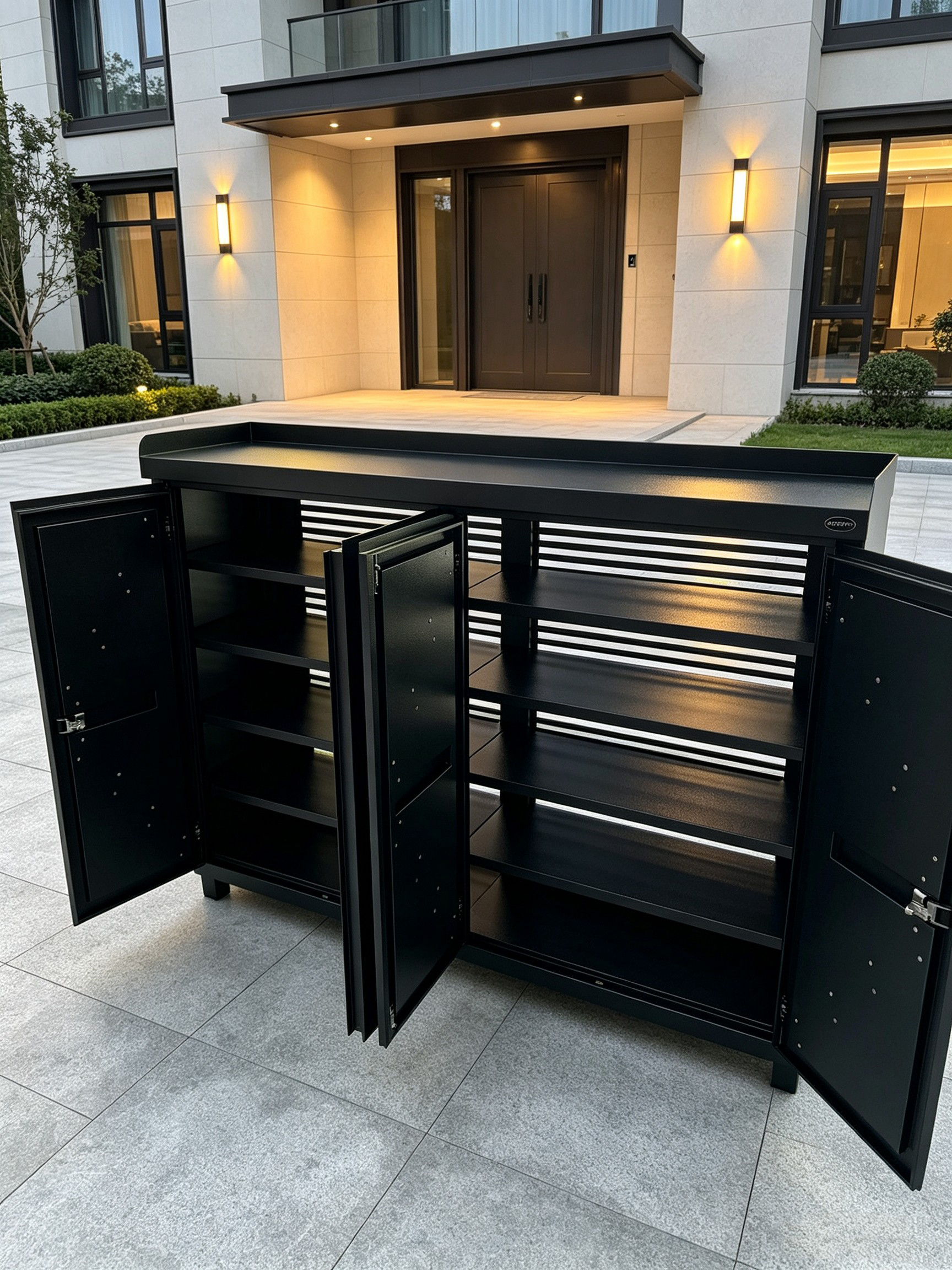 Mottoni outdoor metal  shoe storage cabinet  4 shelves 4 swing doors water proof  and ventilation