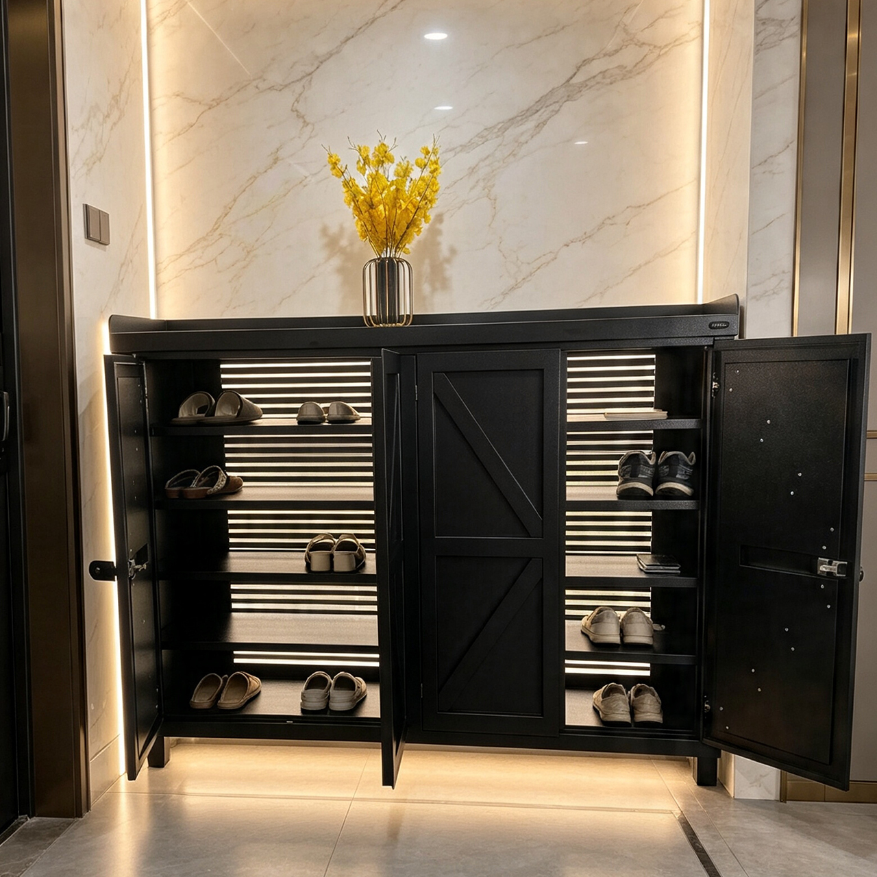 Mottoni outdoor metal  shoe storage cabinet  4 shelves 4 swing doors water proof  and ventilation