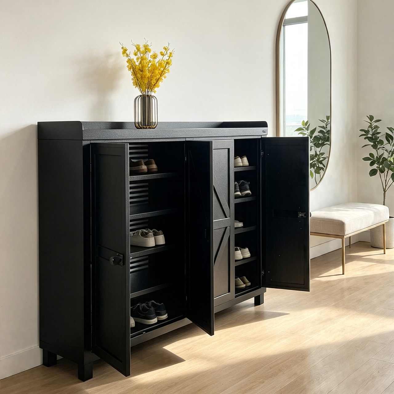 Mottoni outdoor metal  shoe storage cabinet  4 shelves 4 swing doors water proof  and ventilation