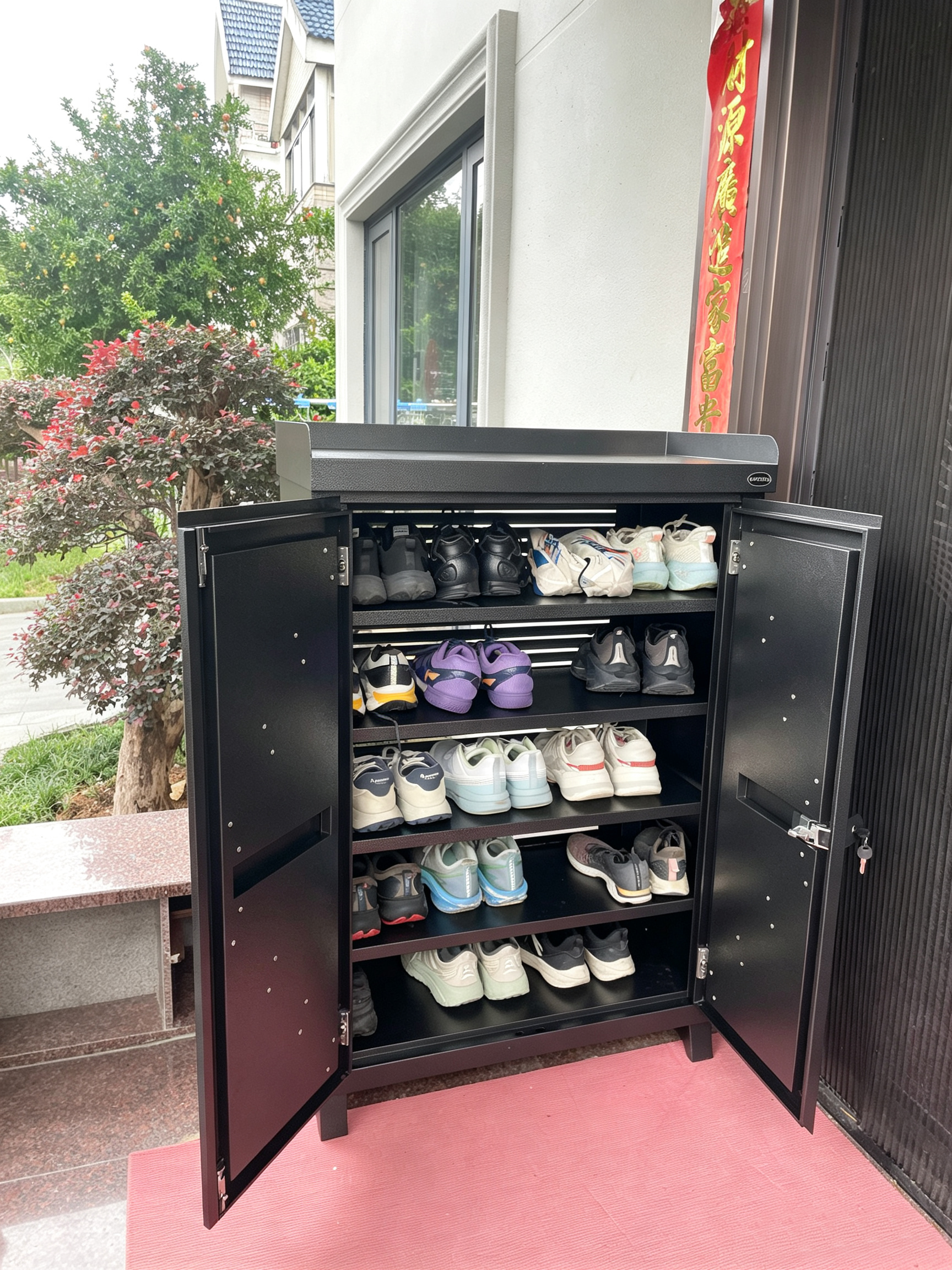 Mottoni outdoor metal shoe storage cabinet 4 shelves 2 swing doors water proof and ventilation