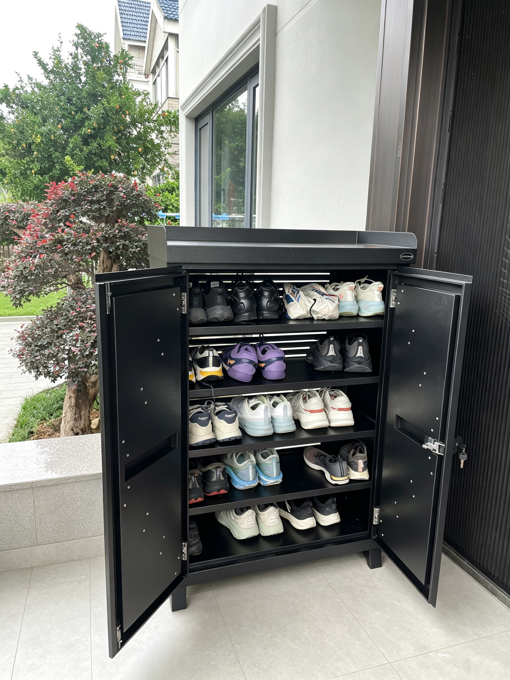 Mottoni outdoor metal  shoe storage cabinet  4 shelves 2 swing doors water proof  and ventilation