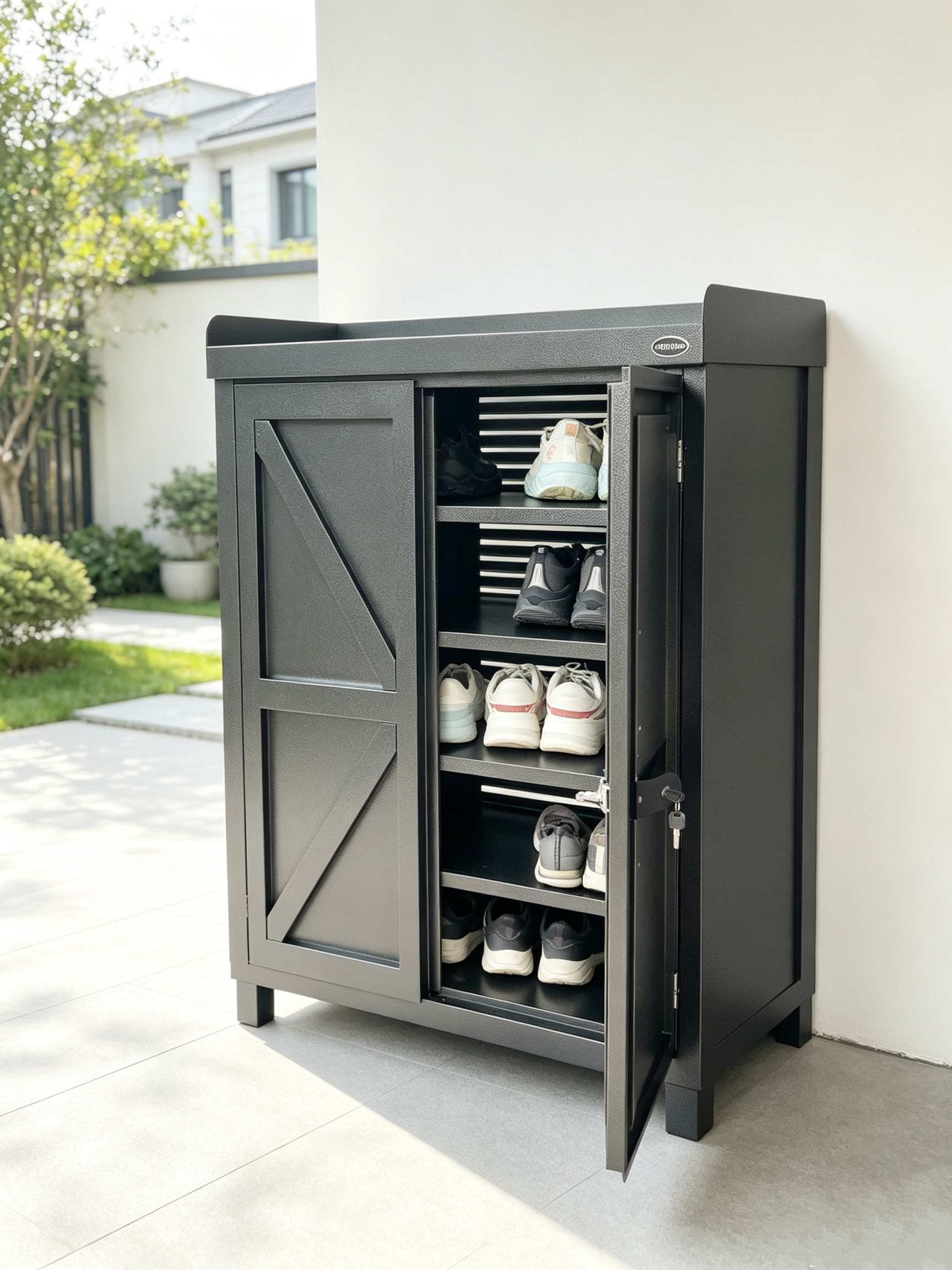 Mottoni outdoor metal  shoe storage cabinet  4 shelves 2 swing doors water proof  and ventilation