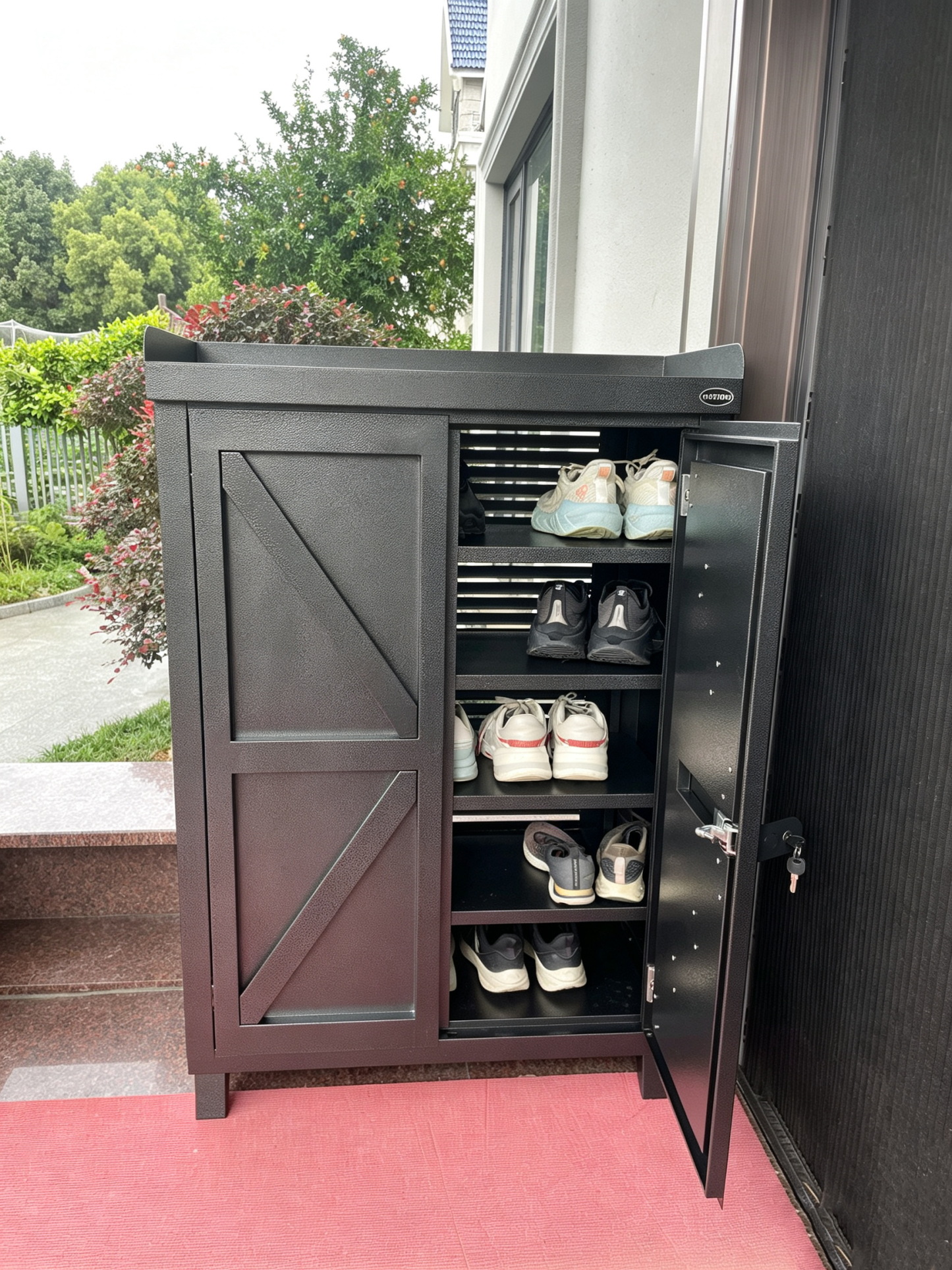 Mottoni outdoor metal  shoe storage cabinet  4 shelves 2 swing doors water proof  and ventilation