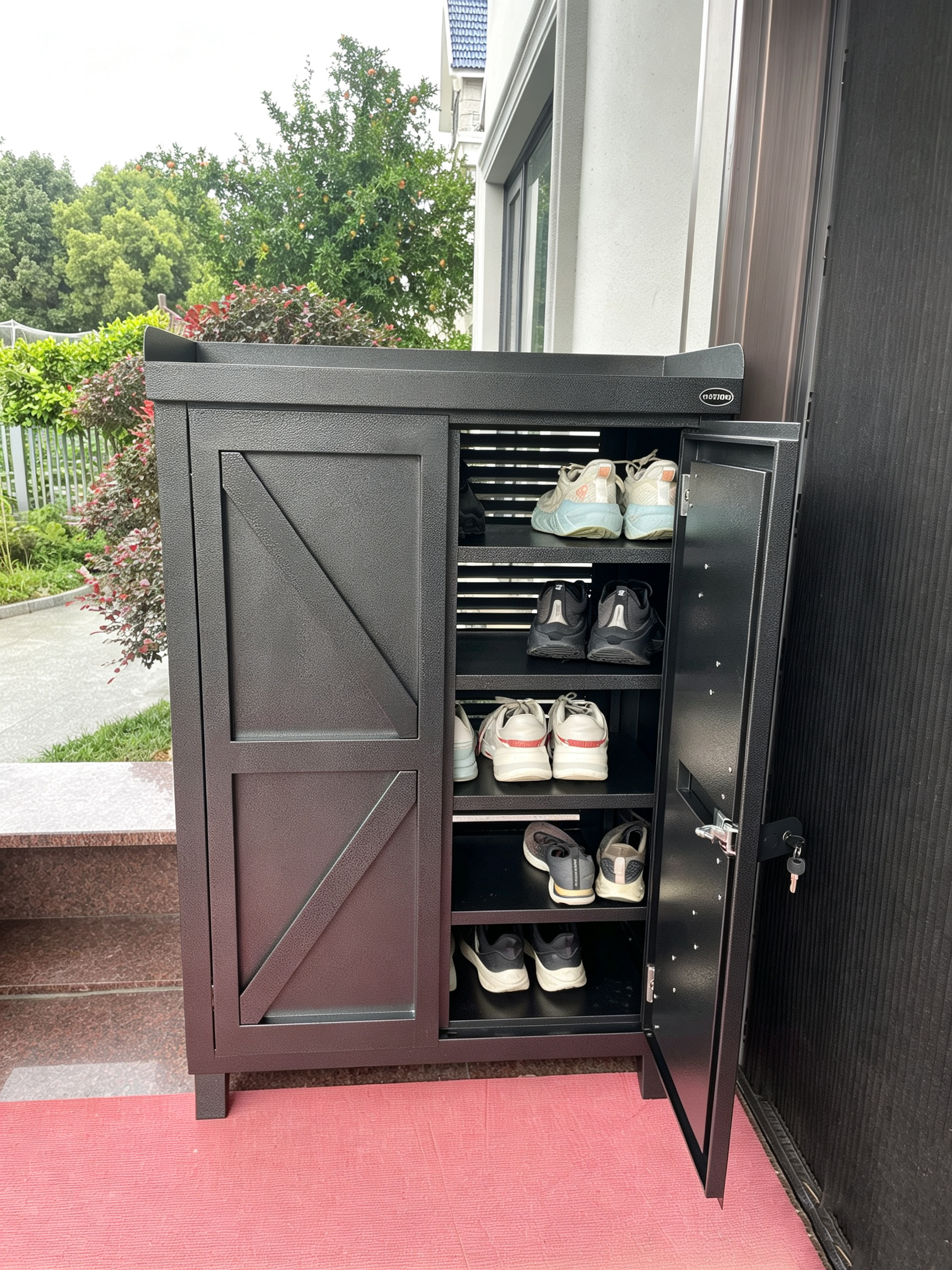 Mottoni outdoor metal  shoe storage cabinet  4 shelves 2 swing doors water proof  and ventilation