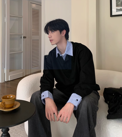 ONELYC1NS 韓国版フェイクツーピースコントラストカラーステッチプラスベルベットセーター長袖男女兼用ラペルルーズプルオーバートップ