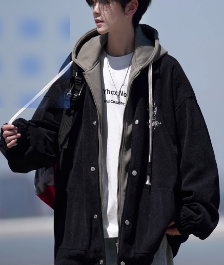 春と秋のメンズの日本のフェイクツーピースジャケット、ティーンエイジャーのゆったりしたフード付きジャケット、大きいサイズ、メンズ野球ユニフォーム