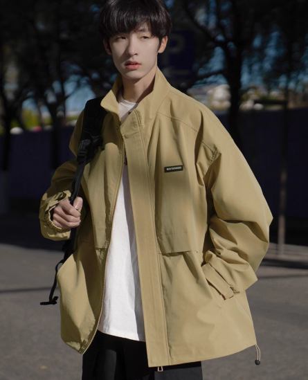 春と秋の新しいジャケットコート男の子スタンドカラーオープン春服学生カジュアルブラック