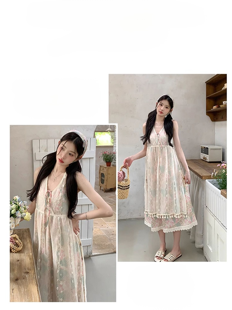 ชุดเดรสลายดอกไม้+ลูกไม้คลุมยาว สวมใส่ทับซ้อนกันได้ 