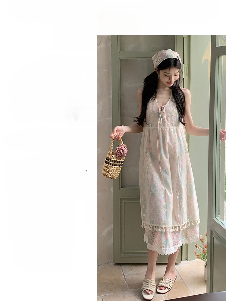 ชุดเดรสลายดอกไม้+ลูกไม้คลุมยาว สวมใส่ทับซ้อนกันได้ 