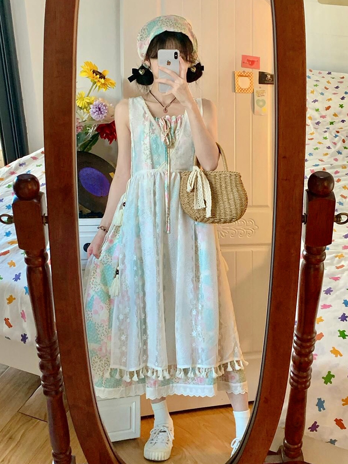 ชุดเดรสลายดอกไม้+ลูกไม้คลุมยาว สวมใส่ทับซ้อนกันได้ 