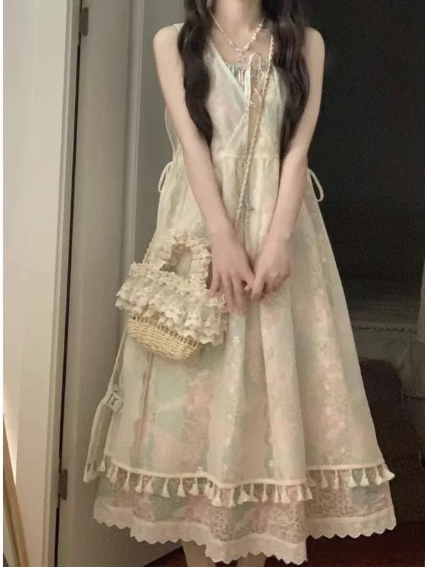 ชุดเดรสลายดอกไม้+ลูกไม้คลุมยาว สวมใส่ทับซ้อนกันได้ 