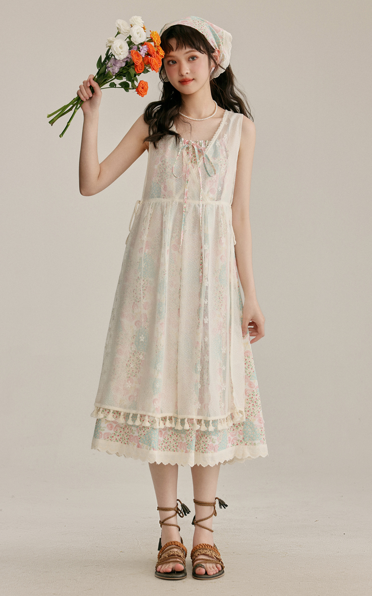 ชุดเดรสลายดอกไม้+ลูกไม้คลุมยาว สวมใส่ทับซ้อนกันได้ 