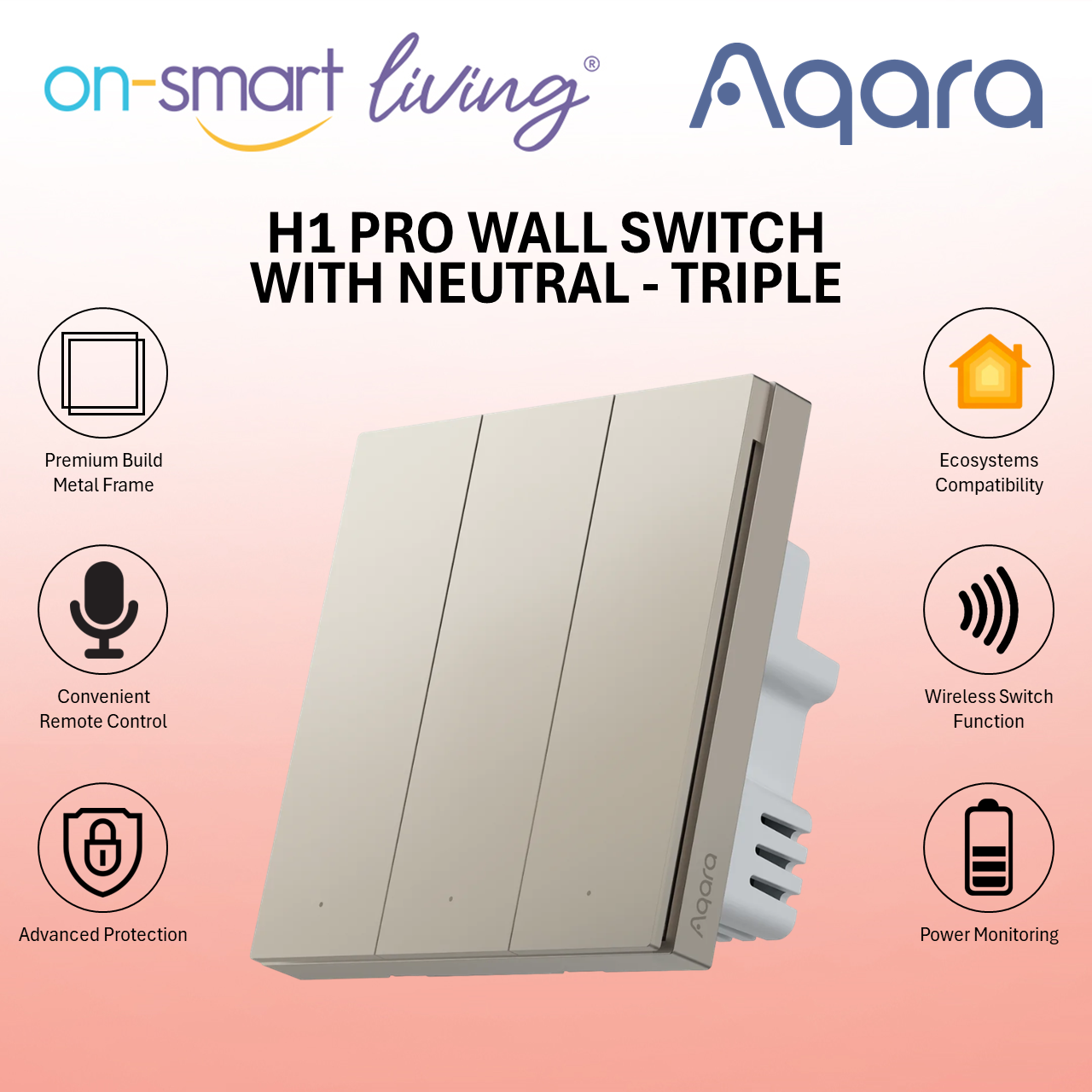 Aqara H1 Pro Smart Wall Switch With Neutral (Gold) - Single, Double, Triple