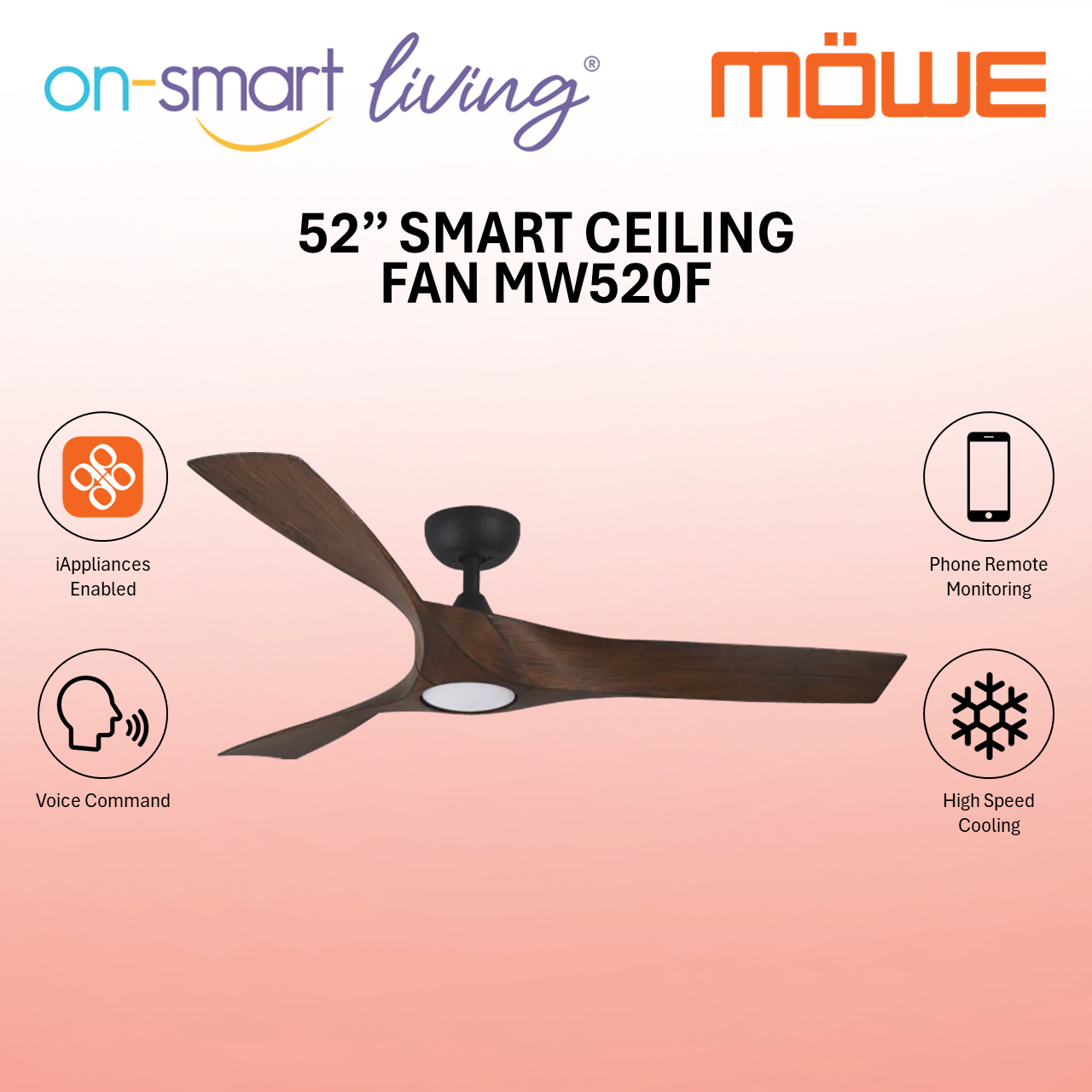 MOWE 52" Smart Ceiling Fan MW520F - Black, White, Wood