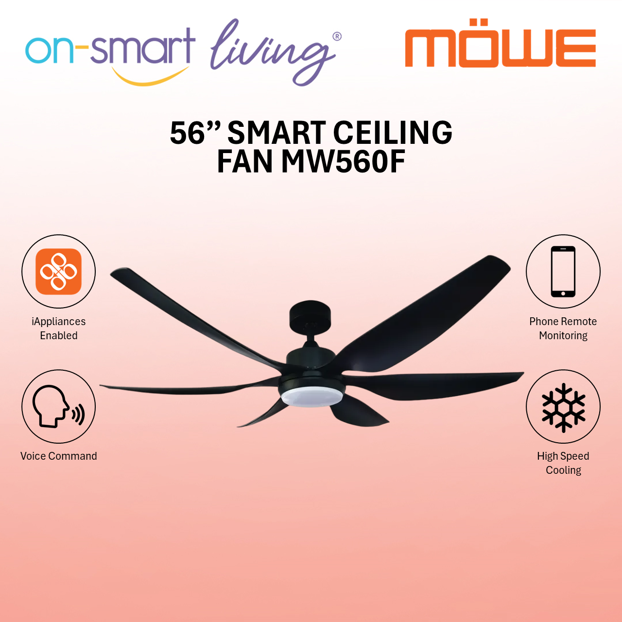 MOWE 56" Smart Ceiling Fan MW560F - Black, Silver, Wood