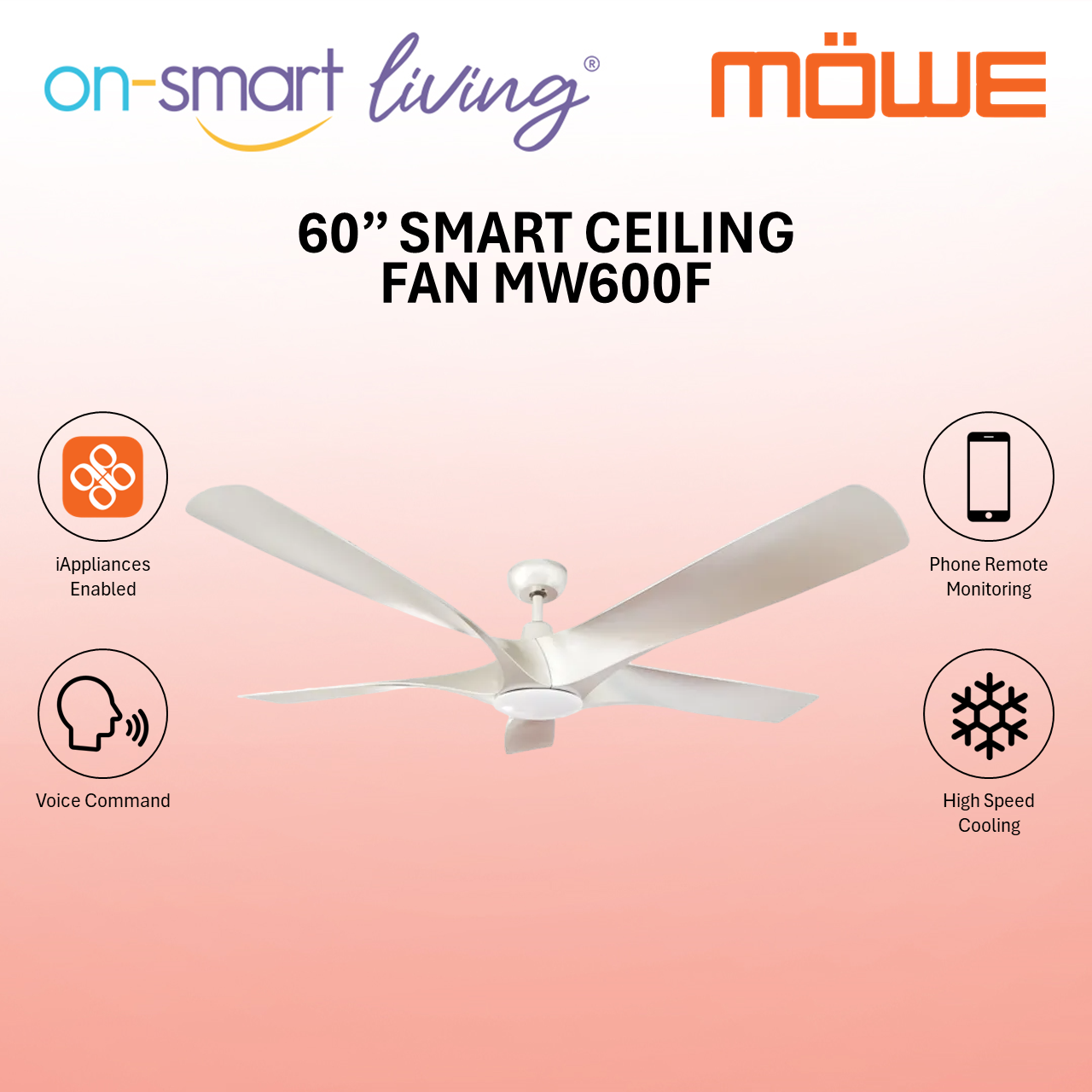 MOWE 60" Smart Ceiling Fan MW600F - Black, Silver, White, Wood