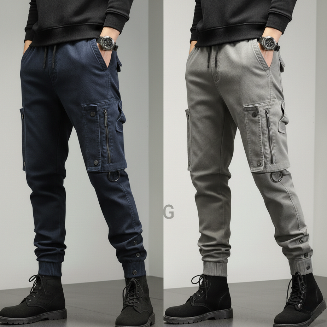 StreetForge Premium Cargo Joggers – Midnight Black & Charcoal Grey Edition