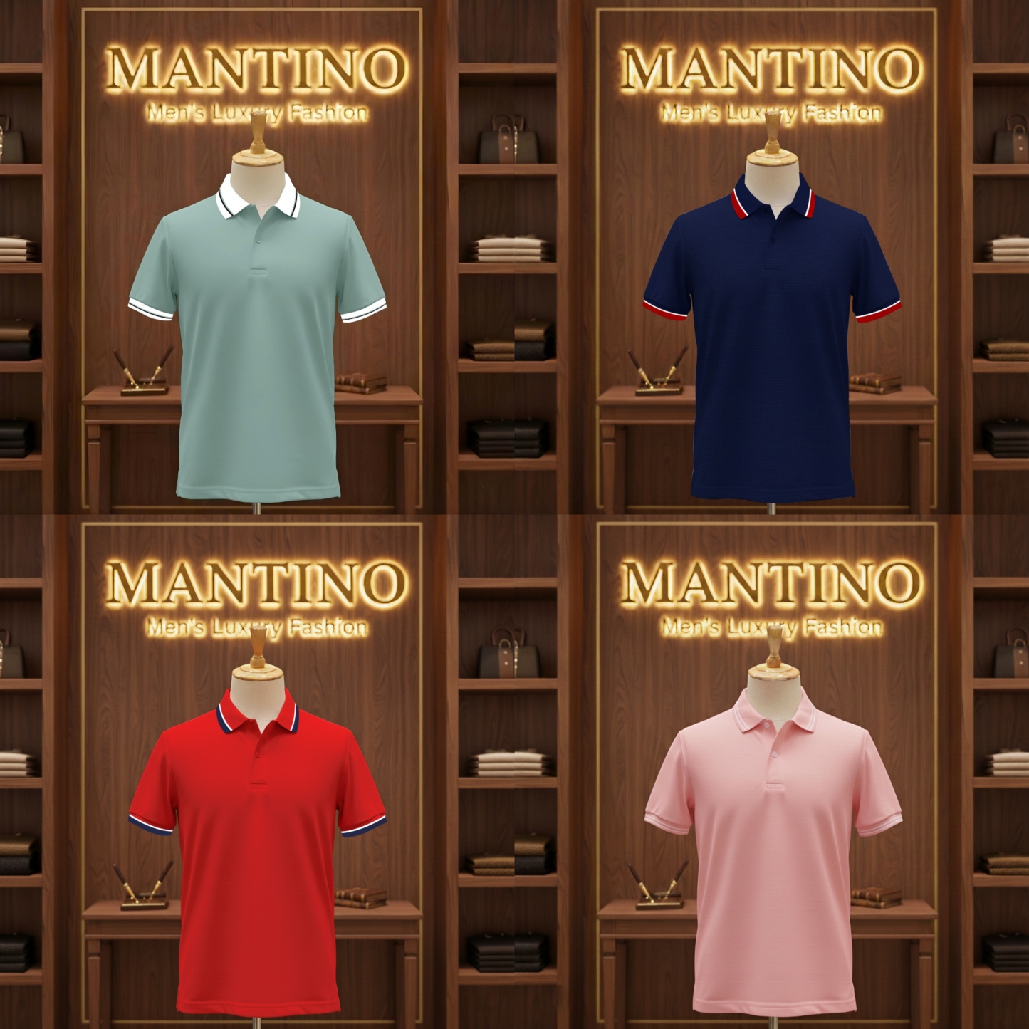 Mantino Signature Polo Collection – Pack of 4 (Mint Green | Navy Blue | Red | Soft Pink)