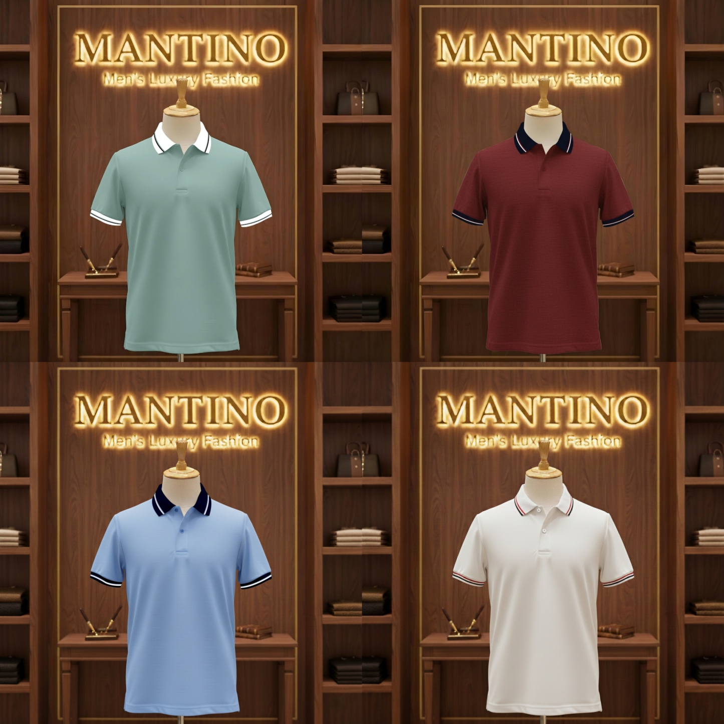 Mantino Elite Polo Collection – Pack of 4 (Mint | Maroon | Sky Blue | Off-White)