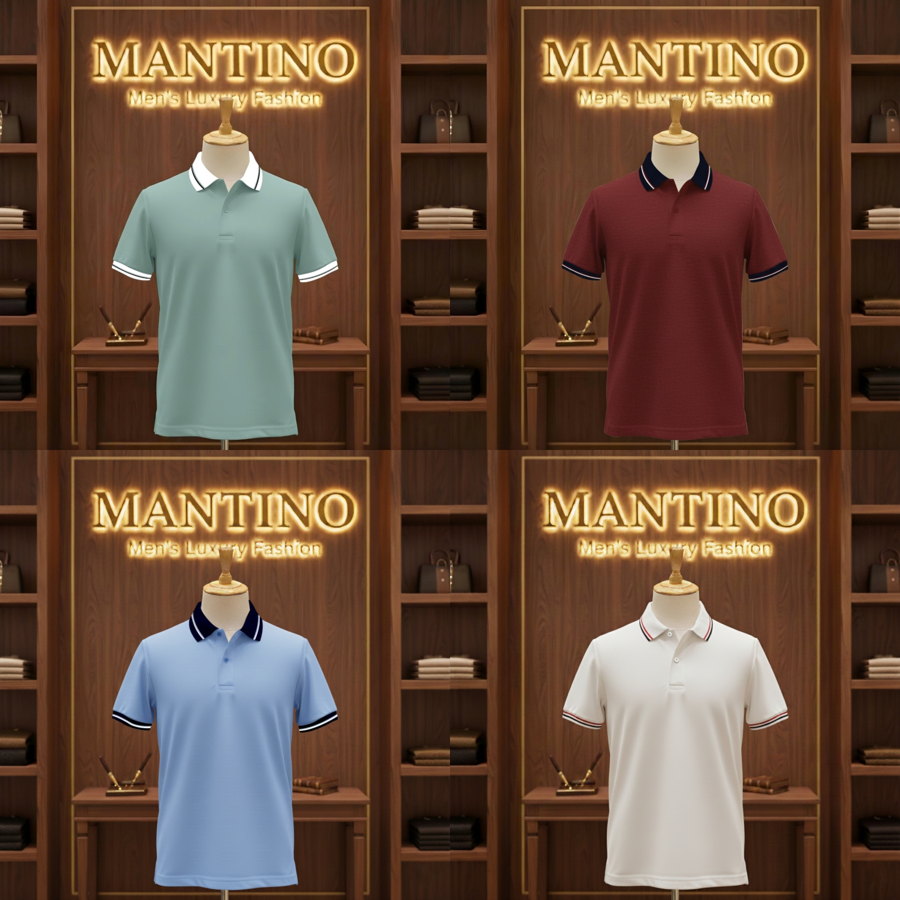 Mantino Elite Polo Collection – Pack of 4 (Mint | Maroon | Sky Blue | Off-White)
