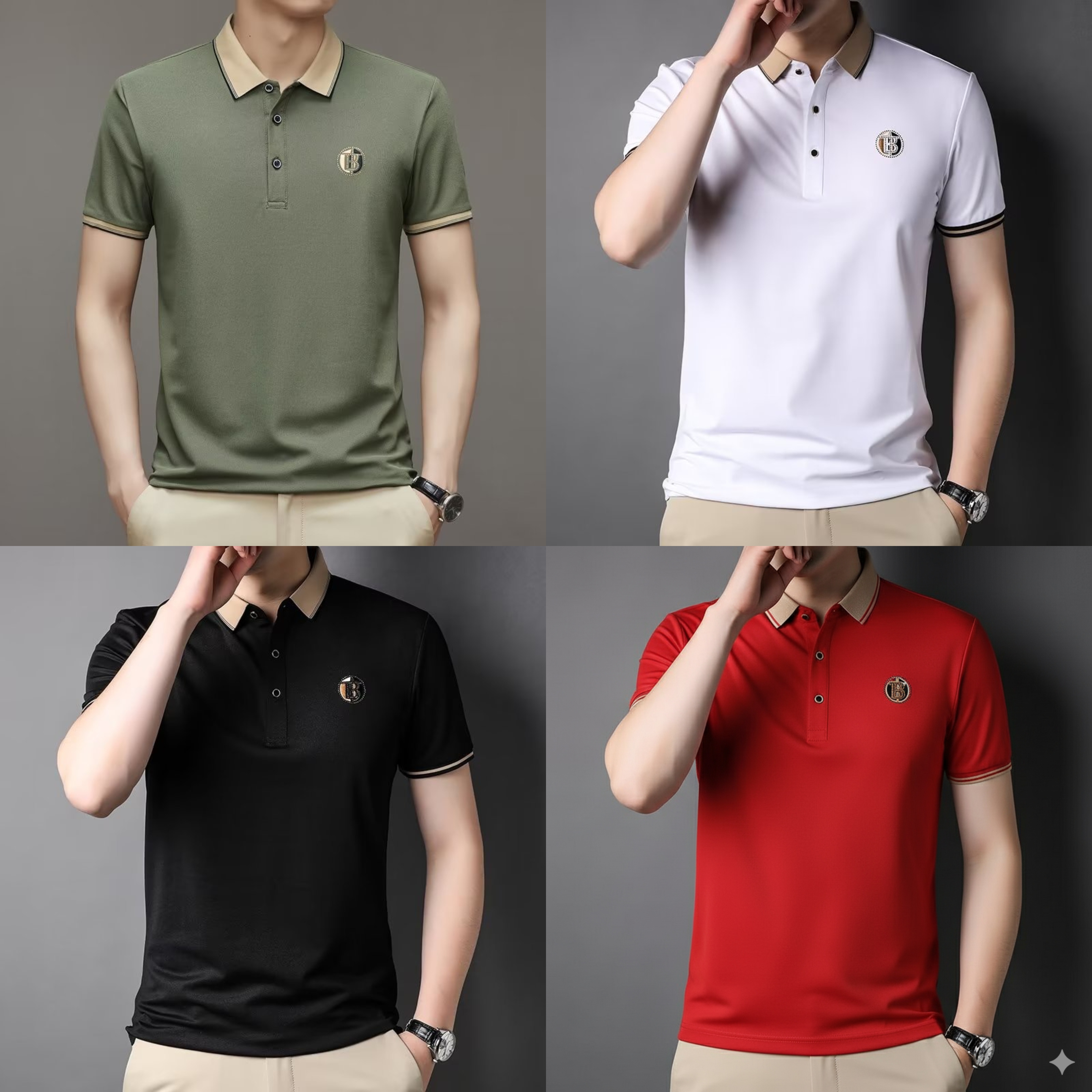 Premium Classic Fit Polo T-Shirt – Pack of 4 (White | Red | Black | Olive Green)