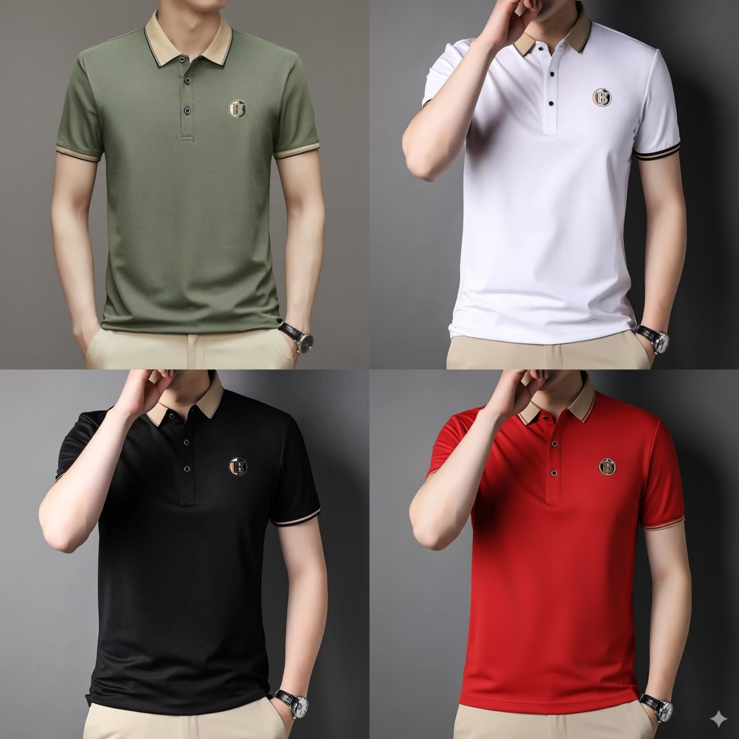 Premium Classic Fit Polo T-Shirt – Pack of 4 (White | Red | Black | Olive Green)