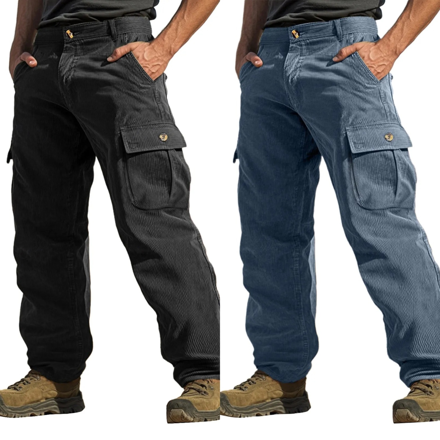RuggedPro Corduroy Cargo Pants – Black & Washed Blue