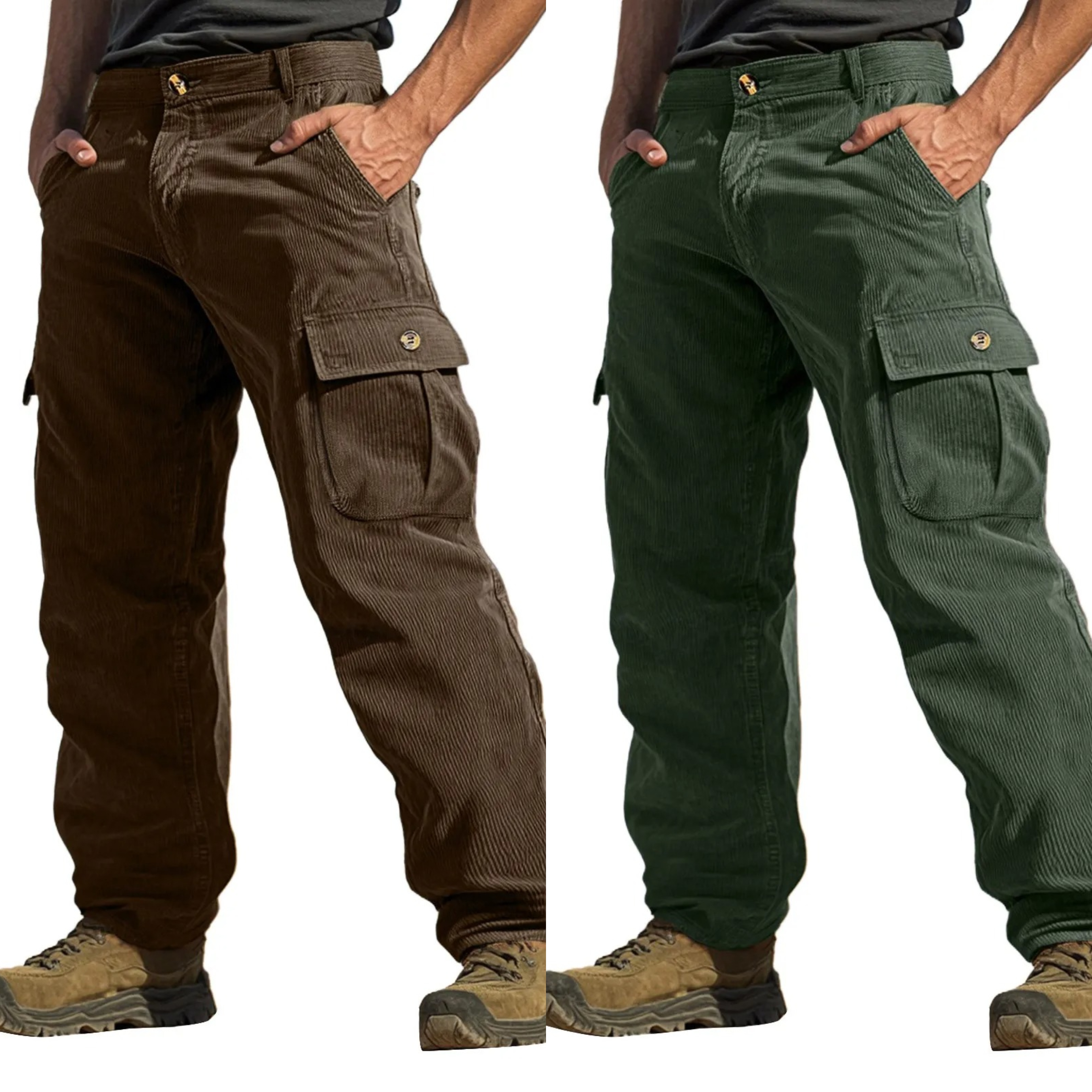 Rugged Terrain Corduroy Cargo Pants – Earth Brown & Forest Green