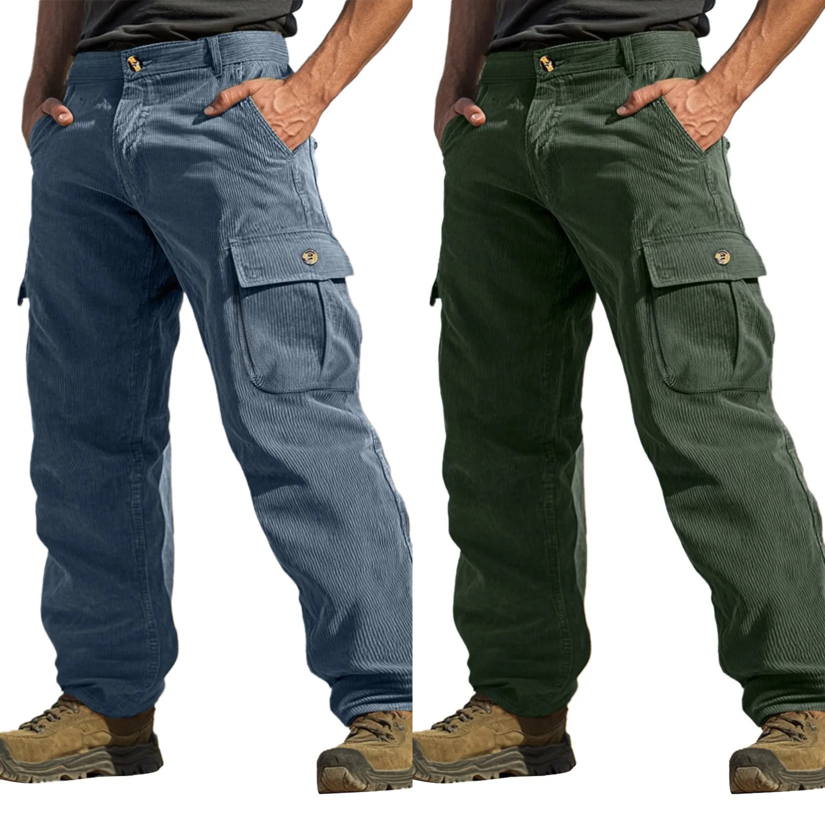 Urban Ranger Corduroy Cargo Pants – Stone Blue & Forest Green