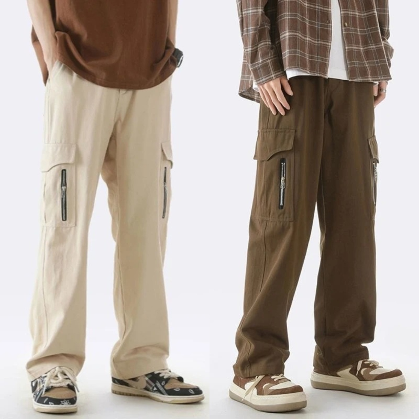StreetEdge Utility Wide-Leg Cargo Pants – Sand Beige & Earth Brown