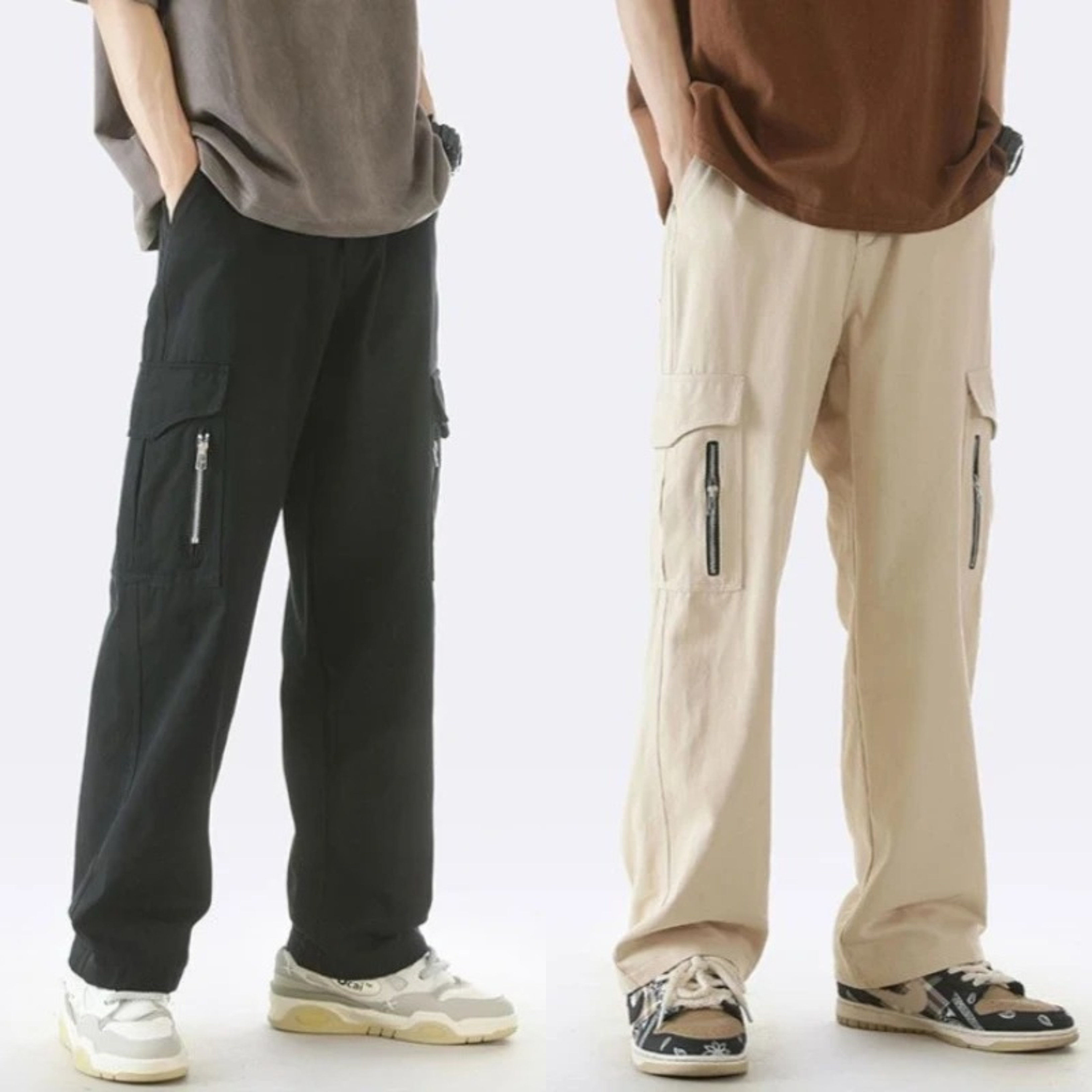 Urban Drift Wide Cargo Pants – Midnight Black & Sand Beige