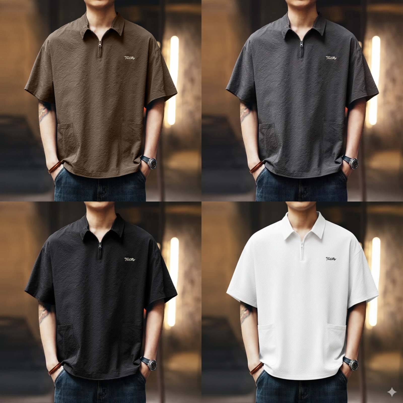 Textured Performance Zip Polo Combo – Pack of 4