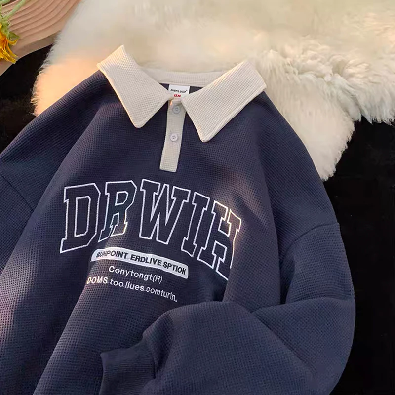 collar embroidery waffle T-shirt long sleeve