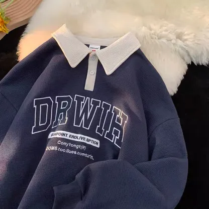 collar embroidery waffle T-shirt long sleeve