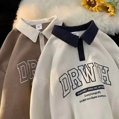 collar embroidery waffle T-shirt long sleeve